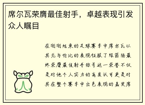 席尔瓦荣膺最佳射手，卓越表现引发众人瞩目